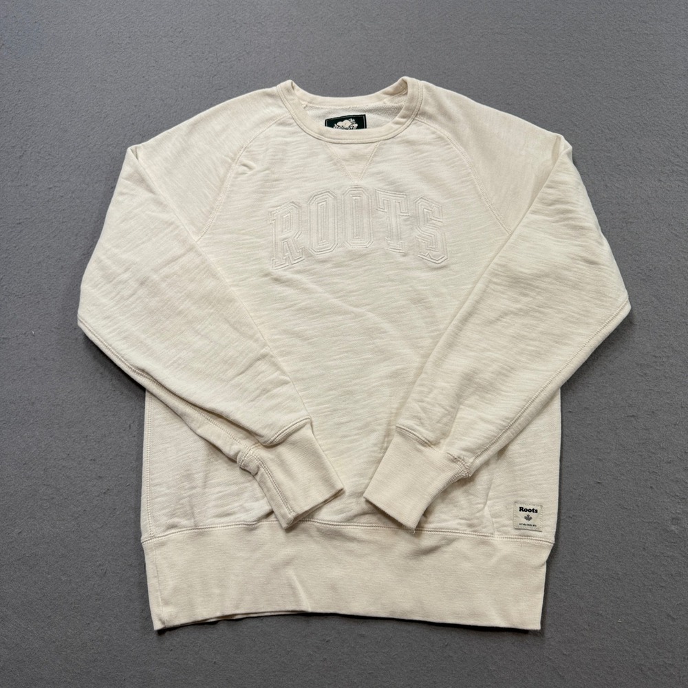 Roots Sweater Men's XS Off White Slub Knit Loose Fit Embroidered Logo Pullover